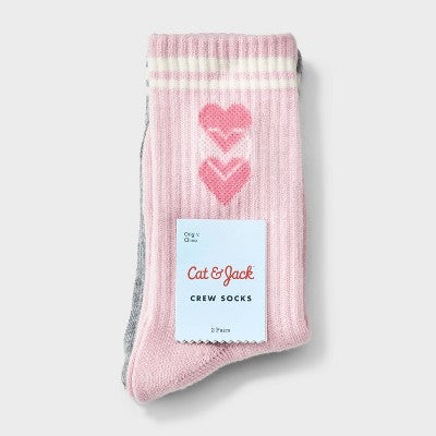 Girls' 2pk Heart Crew Socks - Cat & Jack Pink/Gray S