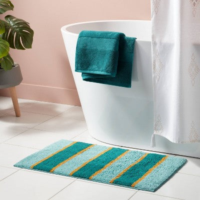 18"x28" Color Block Striped Bath Rug Dark Teal Green - Threshold