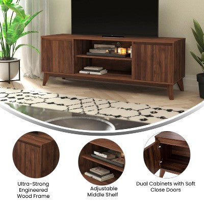 Flash Furniture Walnut 60" TV Stand with Adjustable Middle Shelf - Dual Soft Close Storage Doors (LOCAL PICKUP ONLY)