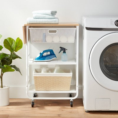 Metal Storage Cart with Mesh Drawer and Wood Top White - Brightroom: Rolling Utility Cart with Casters & Storage Drawers (LOCAL PICKUP ONLY)