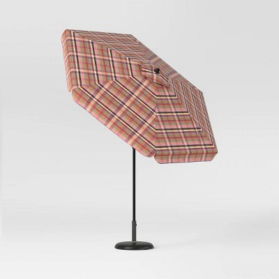 7.5' Plaid Scalloped Edge Outdoor Round Patio Market Umbrella with Black Pole - Threshold (LOCAL PICKUP ONLY)
