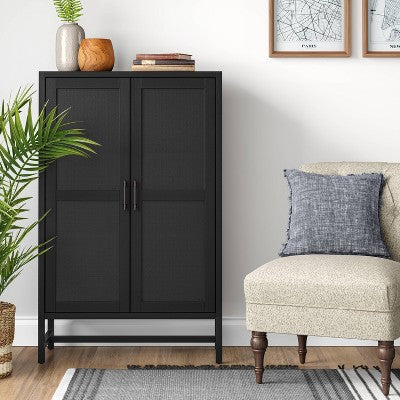 Warwick Library Cabinet Black - Threshold: Rattan-Panel Doors, Wood Veneer, 52" Height (LOCAL PICKUP ONLY)