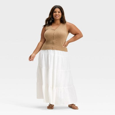 Women's Crinkle Gauze Pull-On Maxi Skirt - White 4X