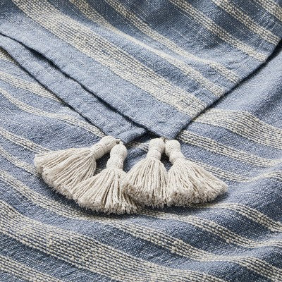 Heathered Stripe Tasseled Woven Throw Blanket Blue - Hearth & Hand with Magnolia: Cozy Cotton & Linen, Farmhouse Style