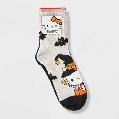 Women's Hello Kitty Halloween 3pk Mid Crews Socks - Oatmeal Heather/Black/Orange