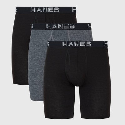 Hanes Premium Men's 3pk Long Leg Boxer Briefs Total Support Pouch - Black/Gray M: Tagless, Moisture Wicking, 4-Way Stretch