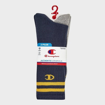 Champion Mens 3pk Varsity Cushion Crew Socks Navy/Gray/White 6-12