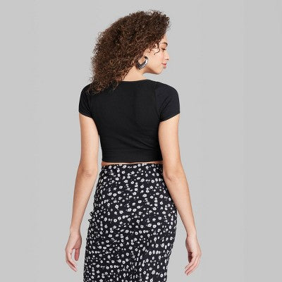 Women's Short Sleeve Square Neck Fitted T-Shirt Wild Fable Black L
