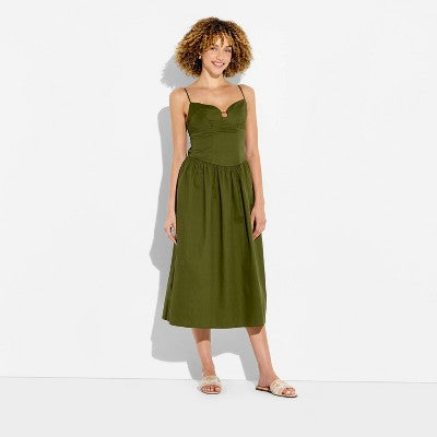 Women's Keyhole Poplin Midi Dress - Wild Fable Green M