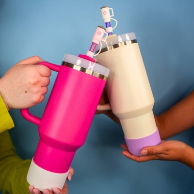 CharCharms 4pk Tumbler Straw Topper: Pink PVC Straw Covers & Tumbler Accessories, Dishwasher-Safe, Hot/Cold Beverages