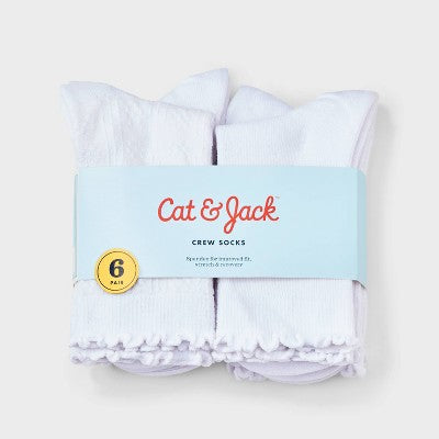 Girls' 6pk Pointelle Lettuce Edge Crew Dress Socks - Cat & Jack Bright White M