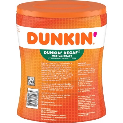 Dunkin' Original Blend Medium Roast Decaf Ground Coffee Canister - 30oz