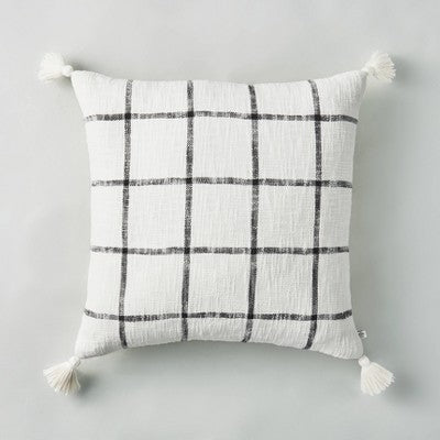24"x24" Woven Slub Checkered Throw Pillow with Tassels Cream/Gray - Hearth & Hand with Magnolia (LOCAL PICKUP ONLY)