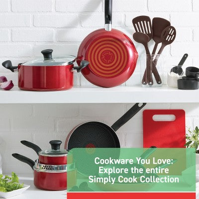 T-Fal 12pc Simply Cook Nonstick Cookware Set Red: Aluminum, Ergonomic Handles, Tempered Glass Lids, Oven-Safe to 350F (LOCAL PICKUP ONLY)