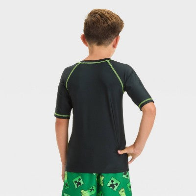 Boys' Minecraft Rash Guard Top Green UPF 50+ Swimwear SIZE M