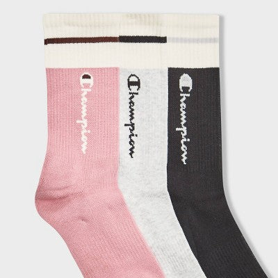 Champion Women's Varsity Striped 3pk Crew Socks - Pink 4-10