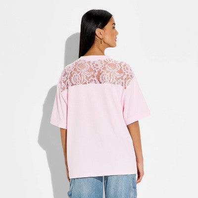 Women's 89 Lace Jersey Short Sleeve Graphic T-Shirt- Light Pink M