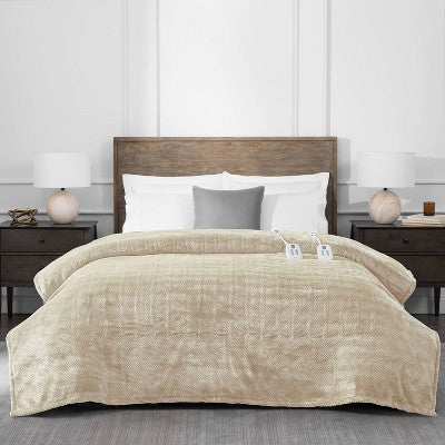 Brookstone King Heated Micro Herringbone Blanket Taupe