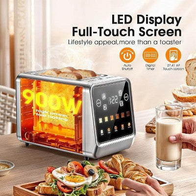 Teendow 900W Stainless Steel 2-Slice Digital Toaster with Touchscreen, Extra-Wide Slots, 5 Bread Settings & 6 Shade Options