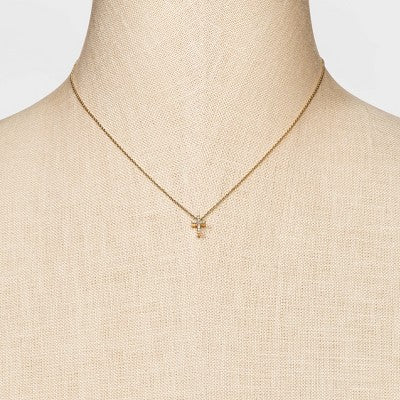 Silver Plated Gold Dipped Micro Pave Cubic Zirconia Cross Pendant Necklace - Gold