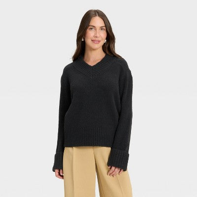 Women's V-Neck Cozy Knit Boxy Pullover Sweater -A New Day Black S