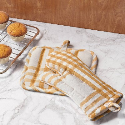 Plaid Potholder Gold - Threshold: Cotton & Linen, Abstract Design, Machine Washable, Autumn Kitchen Textile