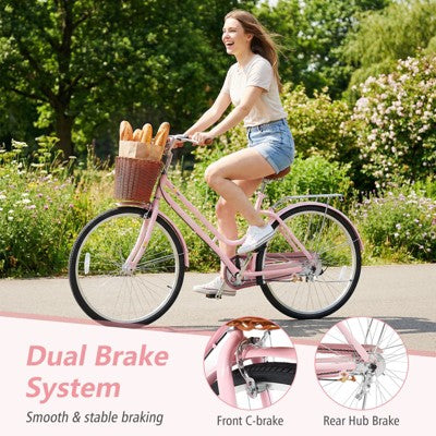Costway 26-Inch Beach Cruiser Bike,with Adjustable Seat, Woven Basket & Rear Rack, Pink (LOCAL PICKUP ONLY)