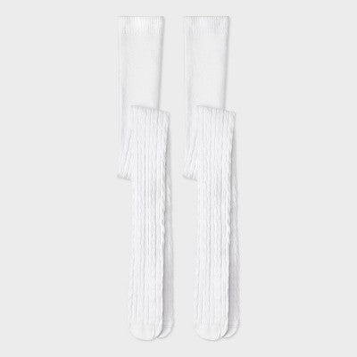 Girls' 2pk Cotton Tights - Cat & Jack White L: High Waisted Knit Hosiery, Abstract Pattern