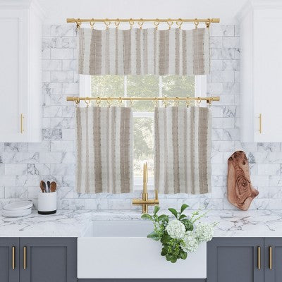 2pc 52"x24" Archaeo Slub Textured Striped Cotton Cafe Curtain Tier Pair Linen/White: Kitchen Window Tier Curtains