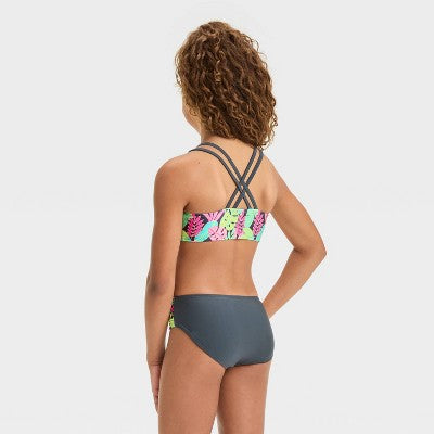 Girls' Floral Printed Rash Guard Set - Cat & Jack Blue/Pink M