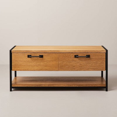 Modular Entryway Storage Bench with Shelving - Aged Oak - Hearth & Hand with Magnolia: Iron Frame, Farmhouse Style, CARB Certified (LOCAL PICKUP ONLY)