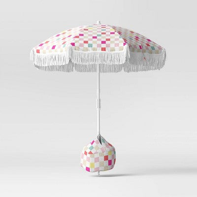 6' Outdoor Patio Beach Umbrella with Fringe Plaid Pattern - Sun Squad (LOCAL PICKUP ONLY)