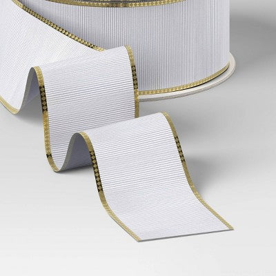 1.5" Grosgrain Fabric Christmas Ribbon 15' White/Gold - Wondershop