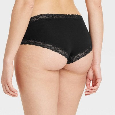 Women's Cotton Blend Hipster Underwear with Lace - Black M