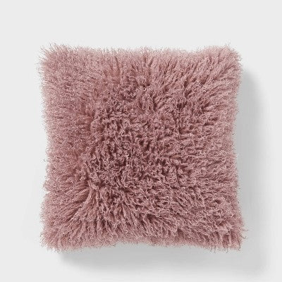 Luxe Faux Mongolian Fur Euro Decorative Pillow Mauve - Threshold: Indoor Square Cushion, Polyester Fill (LOCAL PICKUP ONLY)