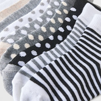 Girls' 10pk Lightweight Ankle Striped & Dotted Socks - Cat & Jack Gray S: Recycled Polyester, Banded Cuff