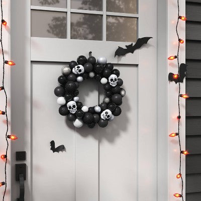 16" Skulls Shatterproof Wreath Black Halloween Decorative Prop - Hyde & EEK! Boutique: Indoor/Outdoor Use
