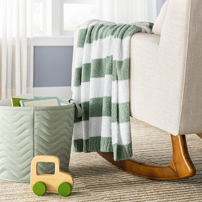 Chenille Stripe Baby Blanket - Green and White Stripe - Cloud Island