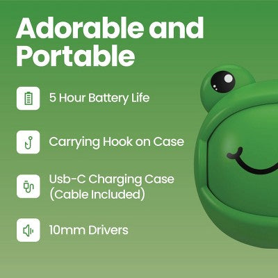 GEMS 'Frog' Spinning Animal Face TWS Earbuds - Green: Built-In Microphone, USB-C