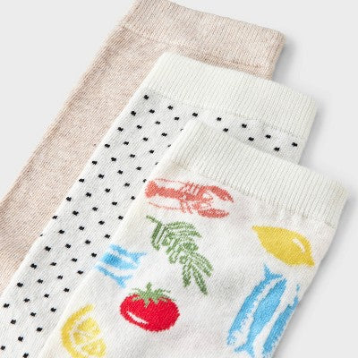 Women's Mediterranean Diet 3pk Crew Socks - A New Day Ivory/Red/Oatmeal Heather 4-10: Cotton Blend, Floral & Solid Patterns