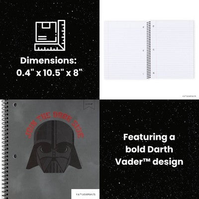 Yoobi Star Wars 1 Subject Notebooks 8"x10.5" Wide Ruled with Pen Darth Vader, School Supplies