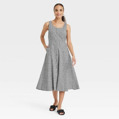 Women's Corset Midi A-Line Dress - A New Day Black Gingham 6