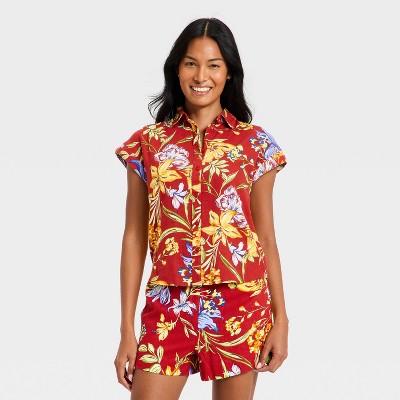 Women's Button-Up Linen Shirt - A New Day Red XL