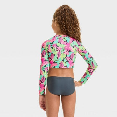 Girls' Floral Printed Rash Guard Set - Cat & Jack Blue/Pink M