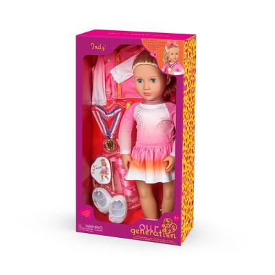 Our Generation Indy 18" Doll & Gymnastics Accessory Set: Blonde Hair, Blue Eyes, Sports Theme, No Articulation
