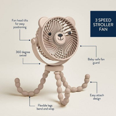 Itzy Ritzy Itzy Breeze 3-Speed Stroller Fan with Rechargeable Battery and Easy Attach Design - Tan Bear