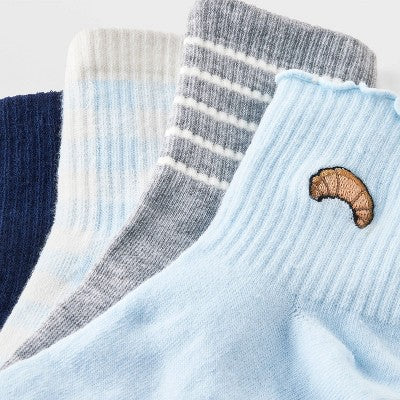 Women's Lettuce Edge Embroidered Croissant & Gingham Check 4pk Ribbed Ankle Socks - Blue/Heather Gray/Navy 4-10