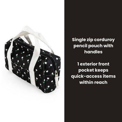 Yoobi Single Zip Corduroy Pencil Pouch with Handles - Black Mini Tulips, School Supplies