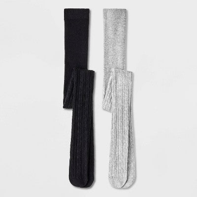 Girls' 2pk Cotton Tights - Cat & Jack Black/Gray S