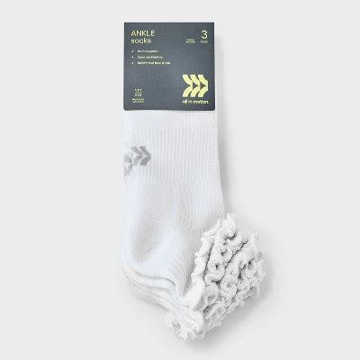 Women's Cushioned Ruffle 3pk Ankle Socks - All In Motion White 4-10: Arch Support, Knit Midweight